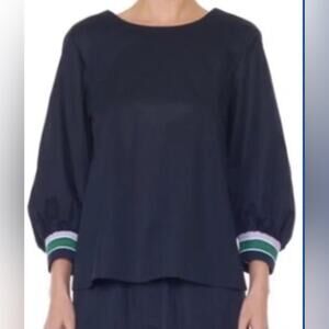 Tibi Tech Poplin Snap Top Back Cutout Colorblock Cuffs Navy Size 4 Sporty Preppy